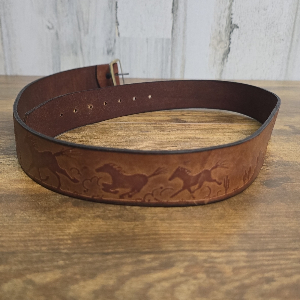 Brown Saddle Leather Belt with Horse Design Hand Stained Finish Medium